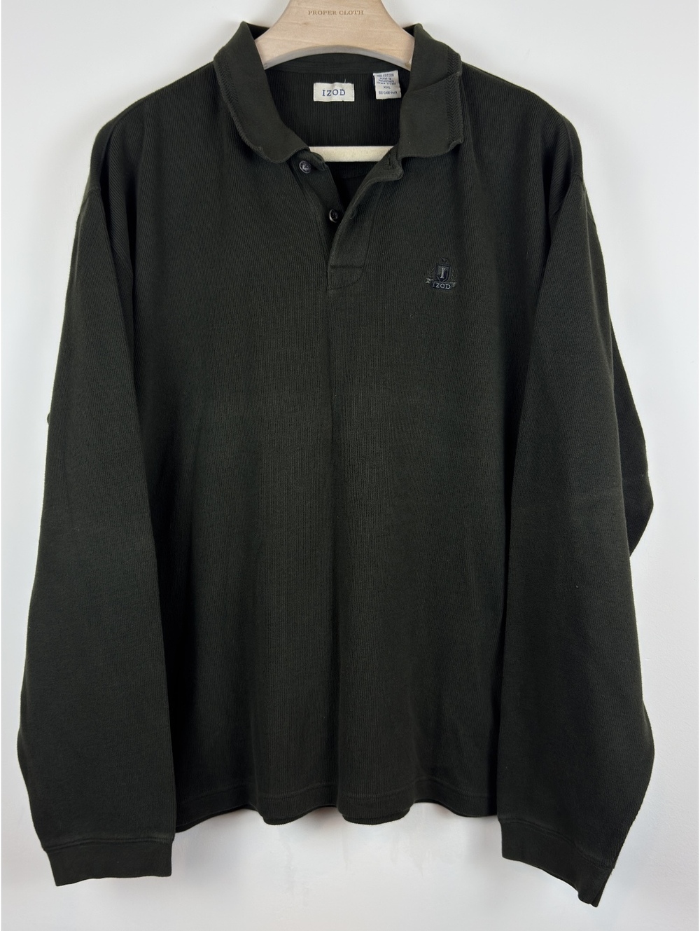 IZOD Vintage Dark Olive Green 100% Cotton Long Sleeve Polo Shirt XXL Preppy